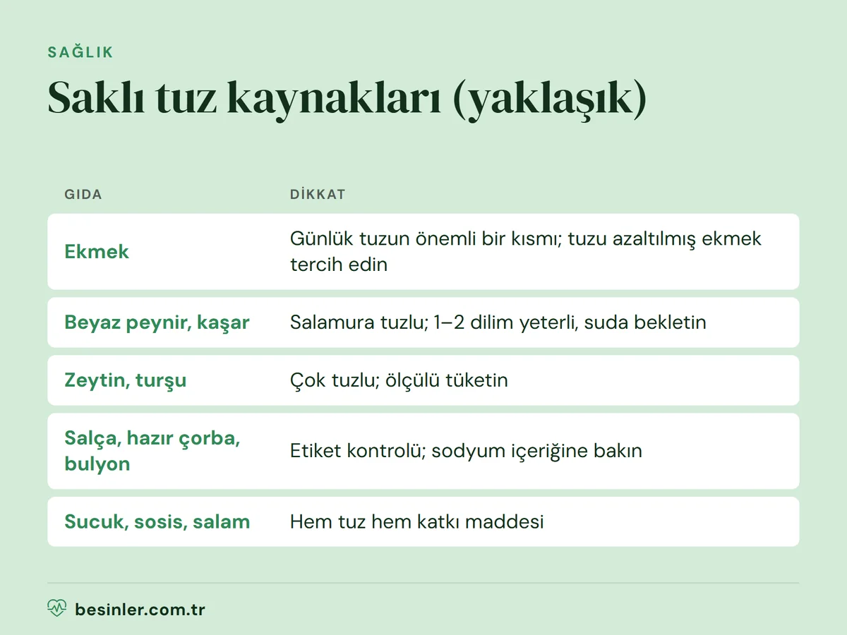 Ekmek, peynir, zeytin, turşu, salça, hazır çorba ve işlenmiş etlerdeki saklı tuz kaynakları