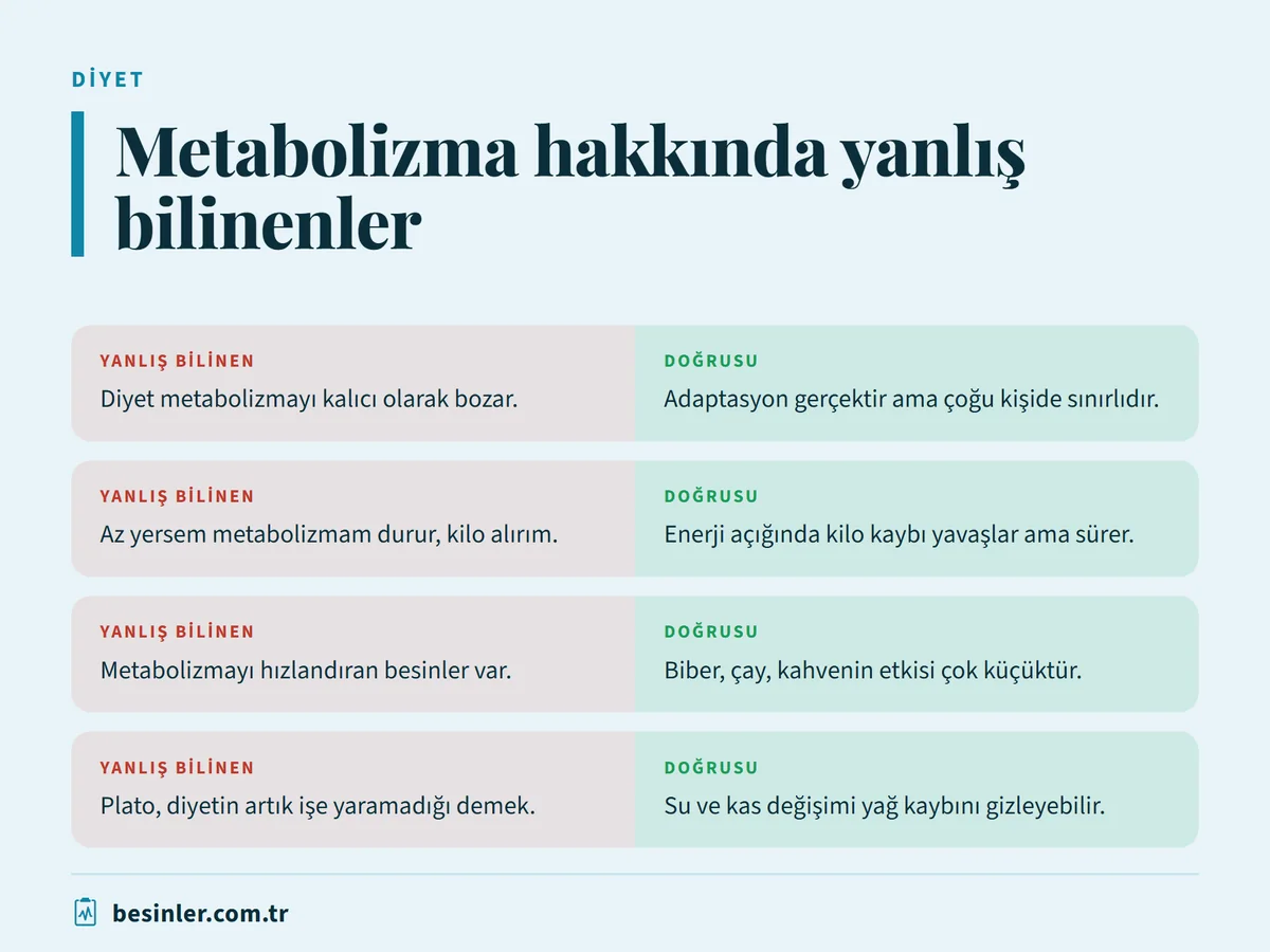 Diyetin metabolizmayı bozduğu, az yemenin kilo aldırdığı ve metabolizma hızlandıran besinler gibi yanlış bilinenler
