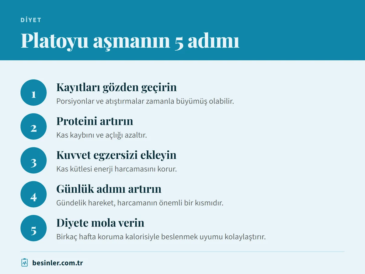 Kayıt kontrolü, protein, kuvvet egzersizi, günlük adım ve diyet molasıyla kilo verme platosunu aşma adımları