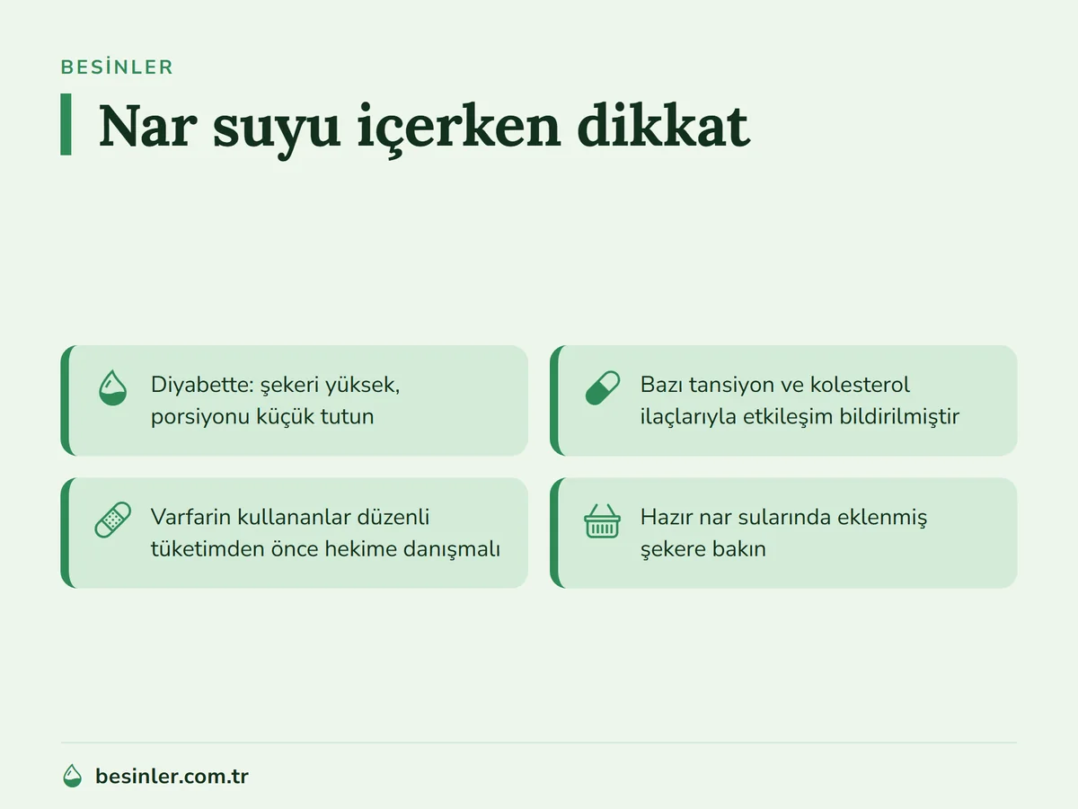 Nar suyu içerken diyabet, ilaç etkileşimleri ve hazır ürünlerle ilgili uyarılar