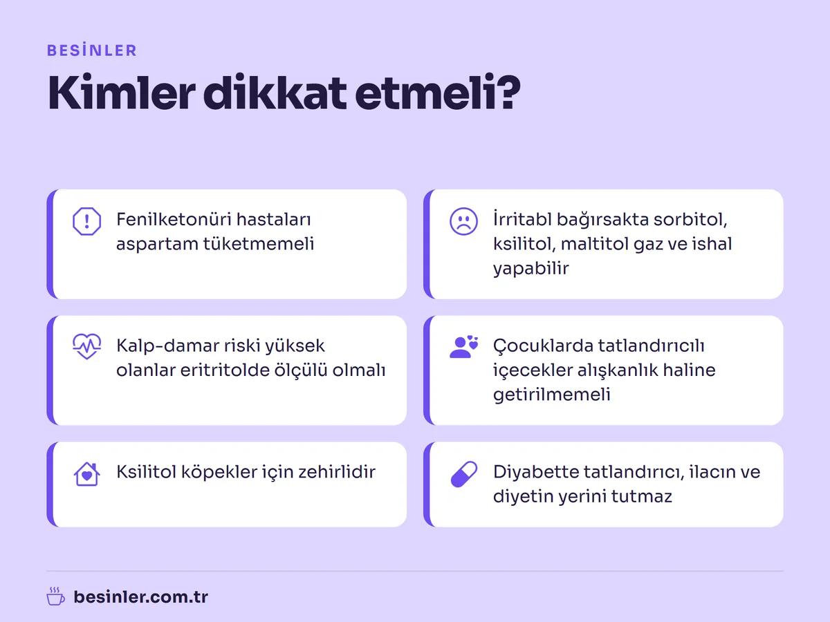Fenilketonüri, irritabl bağırsak, kalp-damar riski ve çocuklar için tatlandırıcı uyarıları